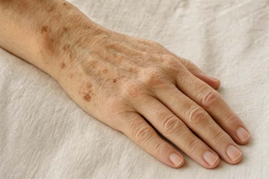 Peau fine, fripée et tachée